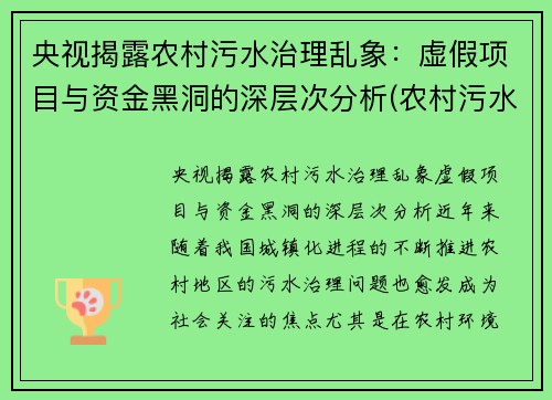 央视揭露农村污水治理乱象：虚假项目与资金黑洞的深层次分析(农村污水治理典型案例)