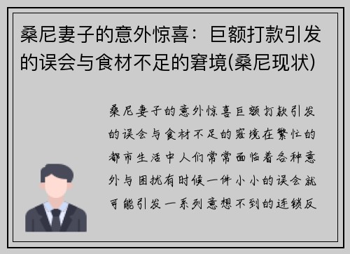 桑尼妻子的意外惊喜：巨额打款引发的误会与食材不足的窘境(桑尼现状)
