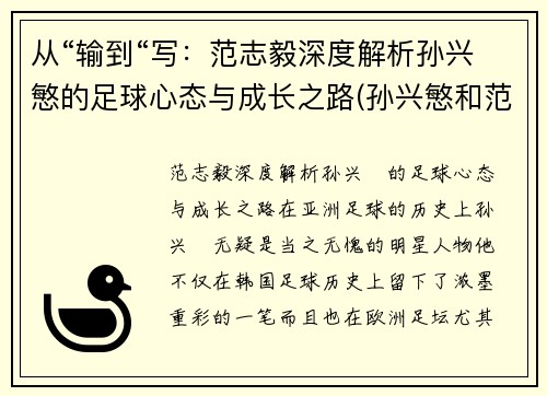 从“输到“写：范志毅深度解析孙兴慜的足球心态与成长之路(孙兴慜和范志毅谁厉害)