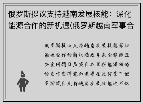 俄罗斯提议支持越南发展核能：深化能源合作的新机遇(俄罗斯越南军事合作)