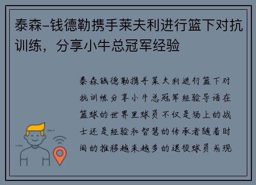 泰森-钱德勒携手莱夫利进行篮下对抗训练，分享小牛总冠军经验