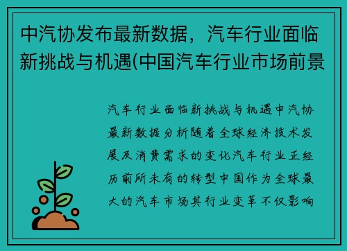 中汽协发布最新数据，汽车行业面临新挑战与机遇(中国汽车行业市场前景及投资机会研究报告)