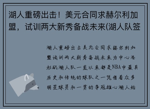 湖人重磅出击！美元合同求赫尔利加盟，试训两大新秀备战未来(湖人队签下30亿合同)