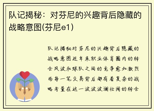 队记揭秘：对芬尼的兴趣背后隐藏的战略意图(芬尼e1)